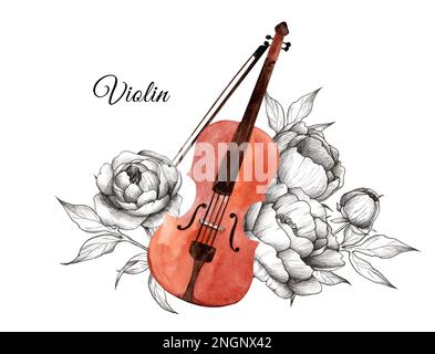 Aquarelle Geige mit Pfingstrosen. Klassische Musikinstrumente Stockfoto