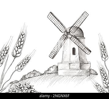 Ländliche Landschaft mit Windmühle und Feldern. Handgemalt im Gravurstil. Stockfoto