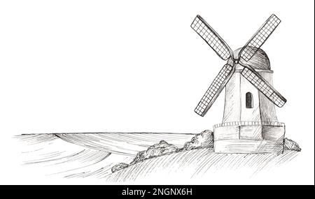 Ländliche Landschaft mit Windmühle und Feldern. Handgemalt im Gravurstil. Stockfoto