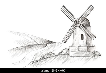 Ländliche Landschaft mit Windmühle und Feldern. Handgemalt im Gravurstil. Stockfoto