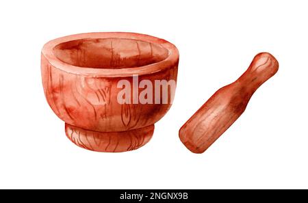 Holzmörtel und Stößel. Aquarell handgezeichnete Illustration isoliert auf weißem Hintergrund Stockfoto