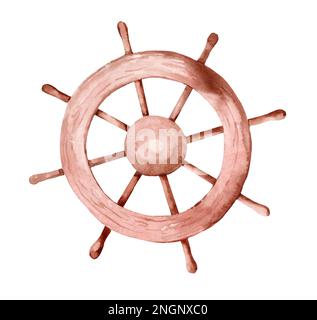 Holzlenkrad isoliert auf weißem Hintergrund. Handgezeichnete Aquarelle. Meer, Meer. Sommerruhe. Schiff, Yacht Stockfoto