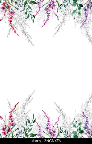 Wasserfarbener weihnachtsrahmen für Design. Wildblumen und Kräuter im Frühling. Vertikale Vorlage für Einladungskarten. Stockfoto