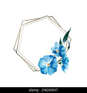 Aquarelle Darstellung von blauen Flachsblumen. Rahmen zur Dekoration. Geben Sie Platz für Text frei. Stockfoto