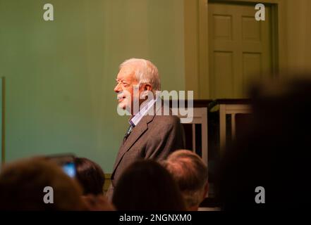 Ehemaliger Präsident Jimmy Carter, der am 31. Juli 2016 eine Sonntagsschule an einem Gottesdienst der Maranatha Baptist Church in Plains, Georgia, unterrichtete. Stockfoto