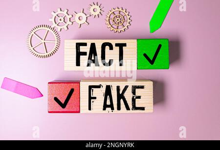 Verwirrung zwischen Fakten und gefälschten Nachrichten mit Holzwürfeln. Stockfoto