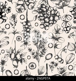 Nahtloses Blumenmuster mit Kräutern und Beeren. Klassischer botanischer Hintergrund. Frühlingsgartenblumen. Schwarz-beiges Papier. Stockfoto