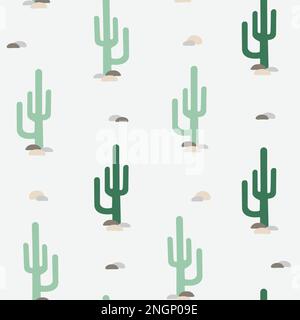 Nahtloses Vektormuster mit flachem Kaktus. Helle, sich wiederholende Textur mit grünen Kakteen. Natürlicher handgezeichneter Hintergrund mit Wüstenpflanzen. Stock Vektor