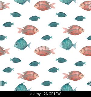 Handgezeichneter Fisch in Aquarellfarben, nahtloses Muster. Ein Set dekorativer blauer und roter Fische Stockfoto