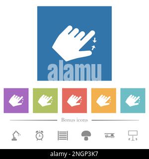 Linksseitige Geste zum Zusammendrücken flacher weißer Symbole auf quadratischem Hintergrund. 6 Bonussymbole enthalten. Stock Vektor