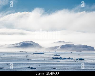 Nebel über riesigen Eisbergen vom Ilulissat Icefjord, gestrandet auf einer ehemaligen Terminalmoräne in Ilulissat, Grönland. Stockfoto