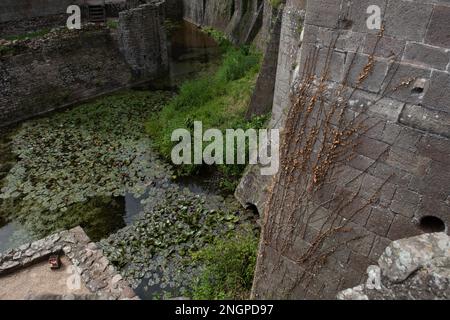 Raglan Castle (Walisisch: Castell Rhaglan) ist eine spätmittelalterliche Burg nördlich des Dorfes Raglan in der Grafschaft Monmouthshire in Südwales. Stockfoto