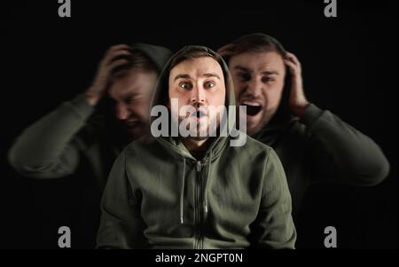 Mann mit Persönlichkeitsstörung auf dunklem Hintergrund, Mehrfachbelichtung Stockfoto