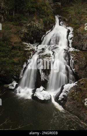 Sitting Lady Falls Wasserfall im Witty's Lagoon Park in Metchosin, BC, Kanada im Winter mit gefrorenen Kanten. Stockfoto