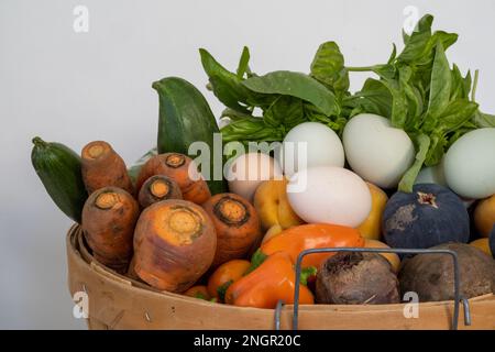 Nahaufnahme von biologischem Gemüse in einem Bambuskorb voller frischem Gemüse, Obst und Eiern von Hähnchen aus Freilandhaltung, Seitenansicht, vor weißem Hintergrund Stockfoto