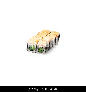 Gebackene Sushi-Brötchen mit weißem Makari-Hintergrund isoliert Stockfoto
