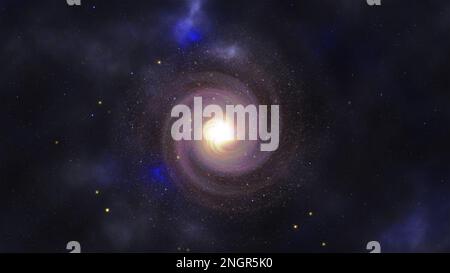 Realistische Spiralgalaxie mit hellblauen gelben und roten Sternen auf dunklem Hintergrund. Stockfoto