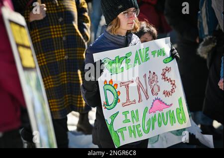 Demonstranten auf einem märz, der Maßnahmen zur Bekämpfung des Klimawandels fordert, Montpelier, VT, USA. Stockfoto