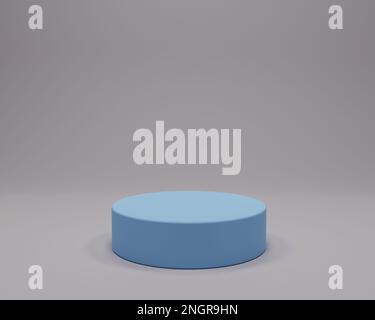 Blaues rundes Podium auf grauem Hintergrund. Studio-Szene für Produkt, Minimalkonstruktion, 3D-Rendering Stockfoto