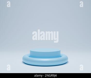 Blaues rundes Podium auf grauem Hintergrund. Studio-Szene für Produkt, Minimalkonstruktion, 3D-Rendering Stockfoto