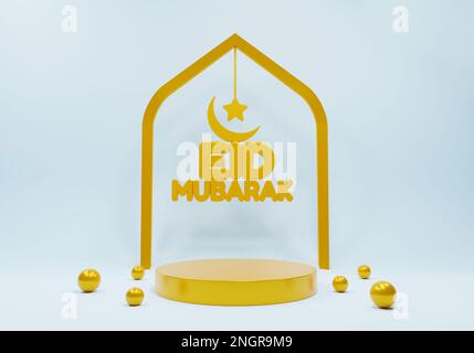 Eid Mubarak 3D modernes Design mit Podiumplattform. Islamisches Eid-Mubarak-Feiertagsbanner mit Ramadan-Laterne und Mond. Ramadan-moslem-Dekoration. Stockfoto