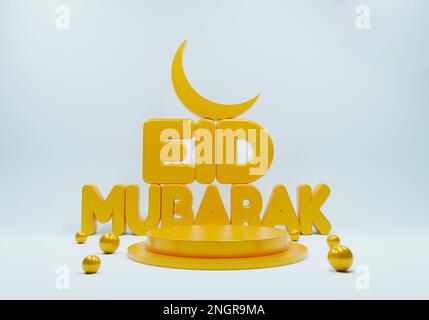 Eid Mubarak 3D modernes Design mit Podiumplattform. Islamisches Eid-Mubarak-Feiertagsbanner mit Ramadan-Laterne und Mond. Ramadan-moslem-Dekoration. Stockfoto