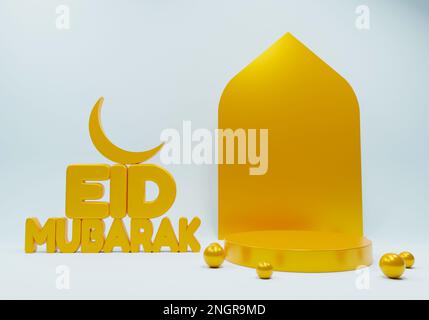 Eid Mubarak 3D modernes Design mit Podiumplattform. Islamisches Eid-Mubarak-Feiertagsbanner mit Ramadan-Laterne und Mond. Ramadan-moslem-Dekoration. Stockfoto