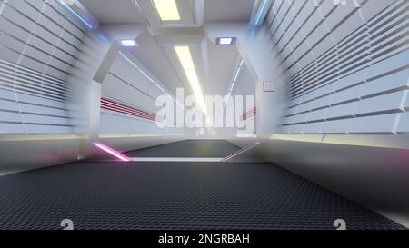 Futuristischer Korridor in einem Raumschiff 3D-Rendering Stockfoto