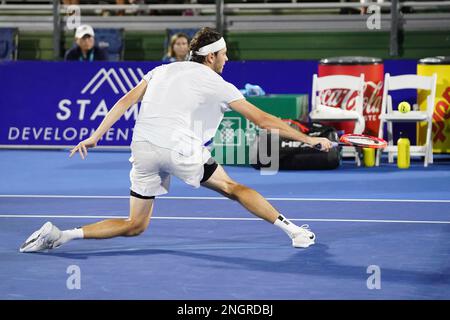 Februar 18 - Delray Beach: Taylor Fritz (USA) besiegt Mackenzie McDonald (USA) und tritt in das Finale der Delray Beach Open 2023 im Delray Beach Tennis Center ein. Kredit: Andrew Patron/MediaPunch Stockfoto