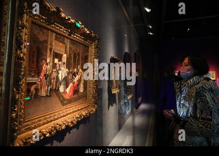 Shenyang, Chinas Provinz Liaoning. 18. Februar 2023. Ein Tourist besucht das Liaoning Museum in Shenyang, Nordostchina's Liaoning Province, 18. Februar 2023. Kredit: Yao Jianfeng/Xinhua/Alamy Live News Stockfoto