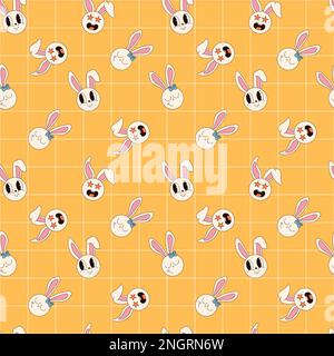 Groovy Hippie Happy Easter Nahtloses Muster. Osterhintergründe im trendigen Retro-60s 70s-Cartoon-Stil Stock Vektor