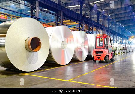 HOLINGOL, CHINA - 19. FEBRUAR 2023 - Ein Gabelstapler arbeitet an einer Produktionslinie für hochwertige Aluminiumfolien in einer Werkstatt der inneren Mongolei Liansheng New E. Stockfoto