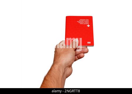 Schweizer Pass von einem Mann mit weißem Hintergrund. Stockfoto