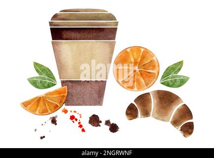 Handgezeichnete Aquarelle mit Pappkaffeetassen, Tüten, Croissants, Orangenscheiben, Blättern. Isoliert auf weißem Hintergrund. Für Einladungen, Café Stockfoto