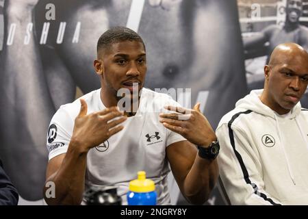 Boxer Anthony Joshua mit Trainer Derrick James, auf einer Pressekonferenz in West London, vor seinem Kampf gegen Jermaine Franklin. Stockfoto