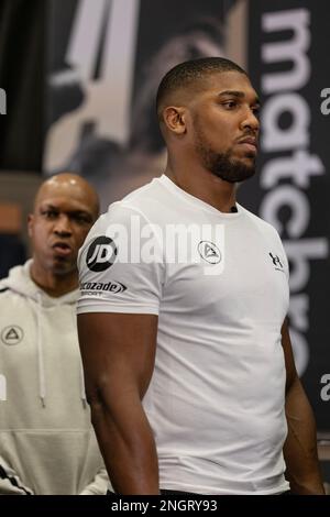 Boxer Anthony Joshua mit Trainer Derrick James, auf einer Pressekonferenz in West London, vor seinem Kampf gegen Jermaine Franklin. Stockfoto