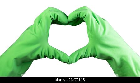 Herzförmige Hände, Geste des Reinigers in grünen Gummihandschuhen. Das Konzept der Liebe zum Reinigen. Isoliert auf weiß. Stockfoto
