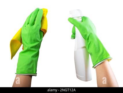 Fasertuch und Sprühgerät, Reinigungsflasche zur Reinigung, isoliert auf weißem Hintergrund. Stockfoto