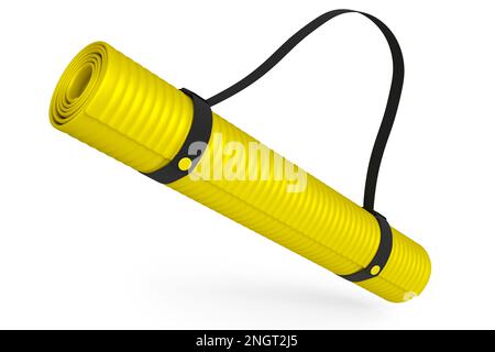 Gelbe Yoga-Matte oder leichtes Campingbett-Rollkissen aus Schaumstoff, isoliert auf Weiß. Stockfoto