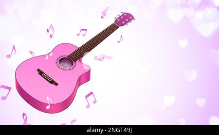 Pink Gitarre mit musikalischen Noten auf romantischem Hintergrund mit Bokeh-Herzen, Vektorgrafik. Stock Vektor