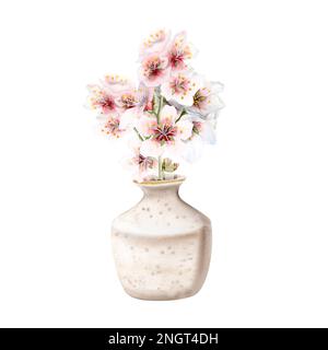 Aquarell blühende Zweige rosafarbener Frühlingsblumen in beigefarbener Keramikvase auf weißem Hintergrund. Blumenzusammensetzung mit Mandel-, Kirsch-, Pflaumenblüten Stockfoto