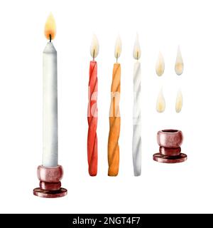 Sabbat-Kerzen mit Kerzenständer Aquarellfarben Illustration für Darm-Shabbos isoliert auf weißem Hintergrund. Stockfoto