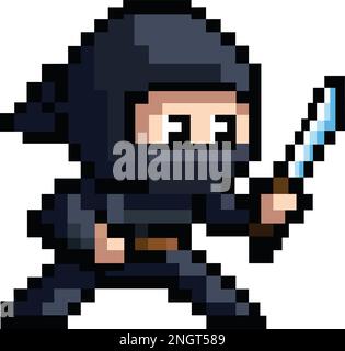 8bit-Pixel-Kunst eines Ninja, der ein Schwert hält Stock Vektor