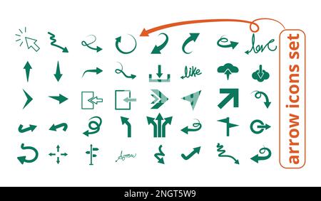 Darstellung des Pfeilsymbols Vektorsatz, Linkspfeil, Rechtspfeil, Abwärtspfeil, gekrümmter Pfeil, Symbolsatz mit Pfeil für Unternehmen in Schwarzweiß und Farbe Stock Vektor