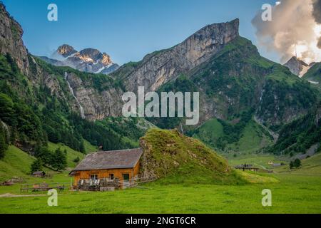 Berge, alpen, Wiesen, Bäume, schweiz, schweizer, typisch, Wasser, Wald, Bach, Hoch, Wandern, malerisch, Aussicht, Luftaufnahme, vale, Wasserfall, Kuh, Flowe Stockfoto