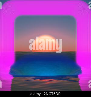 Futuristischer Hintergrund mit Neonkorridor bei Sonnenuntergang am Meer. 3D-Rendering Stockfoto