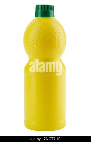 Gelbe Kunststoffflasche für Lebensmittel wie Soßen, Ketchups, Säfte auf weißem Hintergrund. Volle Schärfentiefe. Datei enthält Beschneidungspfad. Stockfoto