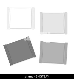 Leere quadratische Beutel auf weißem Hintergrund isoliert, realistisches Vektormodell. Verpackung für Snacks, Schokoladenstückchen, Süßigkeiten – Vorlage Stock Vektor