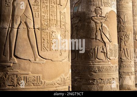 Tempel von Kom Ombo mit Hieroglyphen dekoriert. Kom Ombo im Gouvernement Assuan, Oberägypten. Afrika. Stockfoto