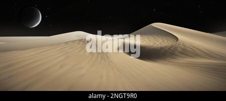 Abbildung Wüstenlandschaft 3D. Sanddünen in einer Nacht ästhetisches Rendering mit klarem Himmel, Sternen und Vollmond Stockfoto